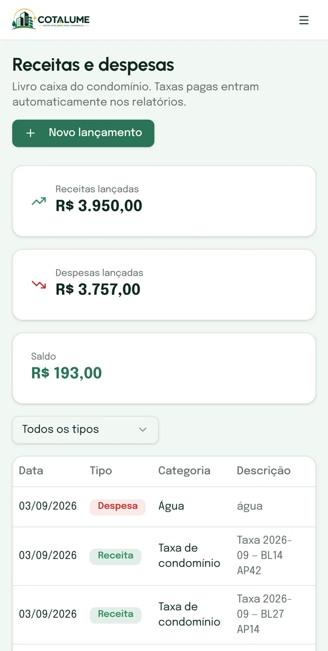 A tela de receitas e despesas do Cotalume aberta no celular, com as receitas lançadas, as despesas, o saldo e o livro caixa do condomínio.