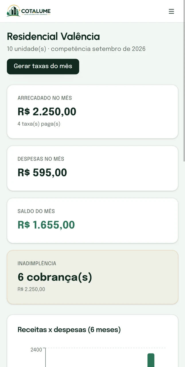 O mesmo painel do Cotalume aberto no celular, com os valores do mês empilhados em cartões.